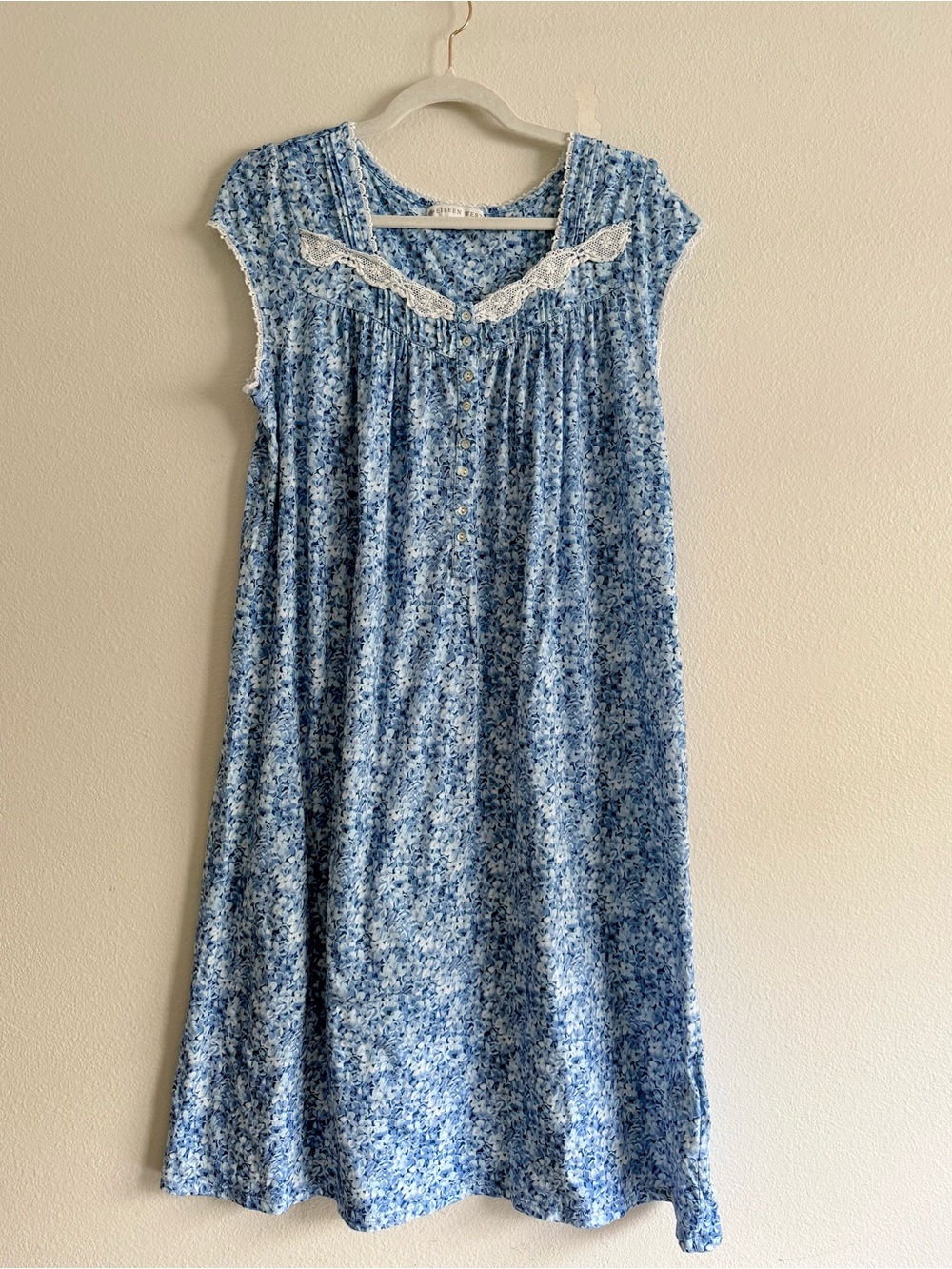 Eileen West Nightgown Cap Sleeves blue Floral Cotton Jersey Sz M